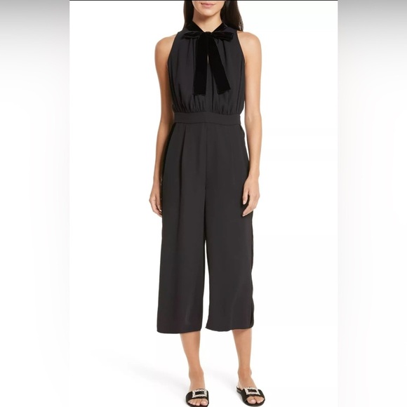 KATE SPADE Black Velvet Trim Bow Tie Neckline Wide Crop Pants Jumpsuit 0 - Picture 5 of 14